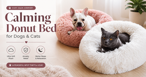 Two pets, a white French bulldog and a gray cat, resting in plush donut-shaped beds. One bed is dusty pink and the other is cream white, set on a light wood floor in a cozy room.